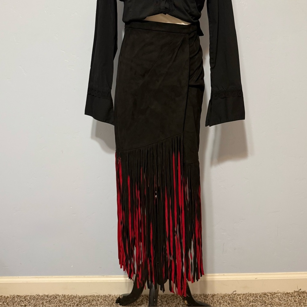 Adore Black Faux Suede Wrap Skirt with Red Fringe
